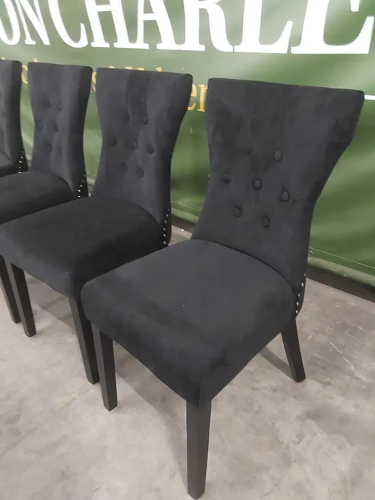 SET OF 4 KENSINGTON BLACK VELVET BUTTON BACK DINING CHAIRS - BLACK LEGS 