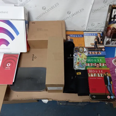 LOT OF ASSORTED ITEMS TO INCLUDE VARIOUS HOME NETWORKING ITEMS, HOUSE DVDS AND POKEMON PHONE CASES