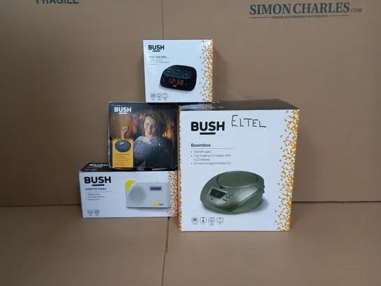 BOX OF APPROX 8 ASSORTED BUSH ITEMS TO INCLUDE - ALARM CLOCK , BOOMBOX , DAB/FM RADIO ETC