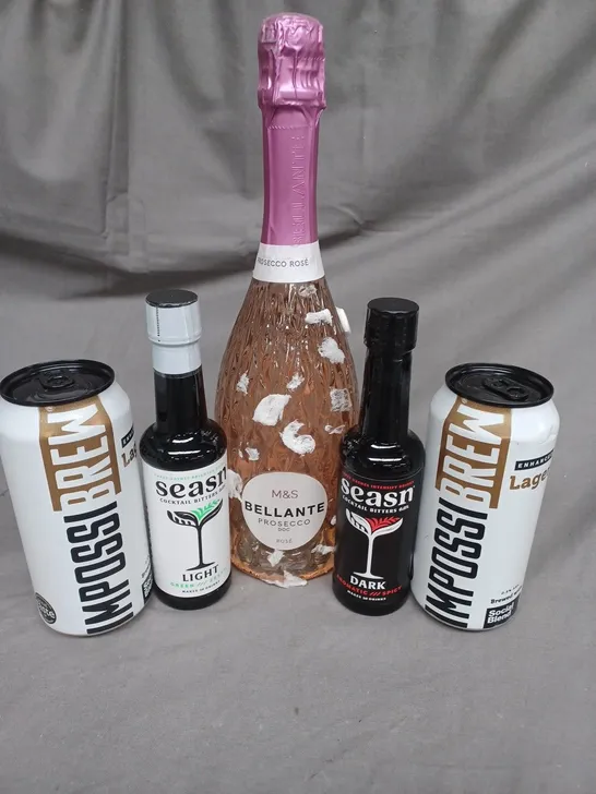 FIVE ASSORTED DRINKS TO INCLUDE; M&S BELLANTE PROSECCO DOC ROSE, IMPOSIBREY ENHANCED LAGER 0.5% AND SEASN COCKTAIL BITTERS