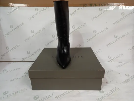 BOXED PAIR OF ALLSAINTS POINTED TOE HIGH HEEL BOOTS IN BLACK UK SIZE 5