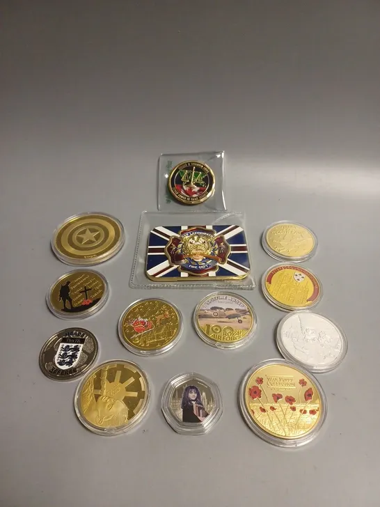 13 X ASSORTED COLLECTIBLE COINS IN VARIOUS DESIGNS 