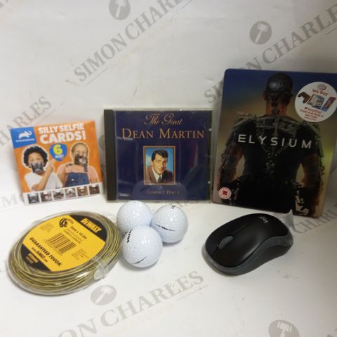 LOT OF APPROXIMATELY 15 ASSORTED HOUSEHOLD ITEMS, TO INCLUDE ELYSIUM BLU-RAY, GOLF BALLS, WIRELESS MOUSE, ETC