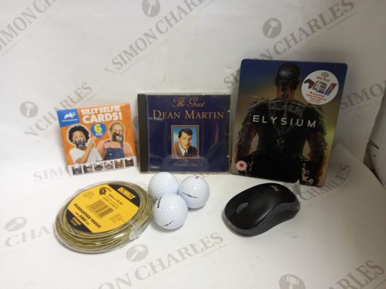 LOT OF APPROXIMATELY 15 ASSORTED HOUSEHOLD ITEMS, TO INCLUDE ELYSIUM BLU-RAY, GOLF BALLS, WIRELESS MOUSE, ETC