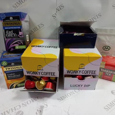 APPROXIMATELY 7 ASSORTED FOOD & DRINK ITEMS TO INCLUDE WONKY COFFEE LUCKY DIP, TWININGS DECAF THE EARL GREY, YORKSHIRE TEA, ETC