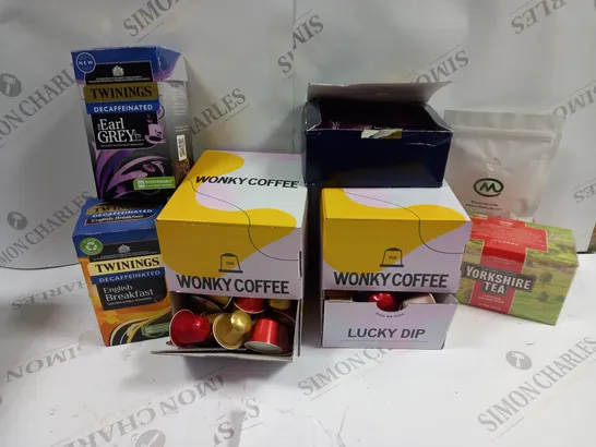 APPROXIMATELY 7 ASSORTED FOOD & DRINK ITEMS TO INCLUDE WONKY COFFEE LUCKY DIP, TWININGS DECAF THE EARL GREY, YORKSHIRE TEA, ETC