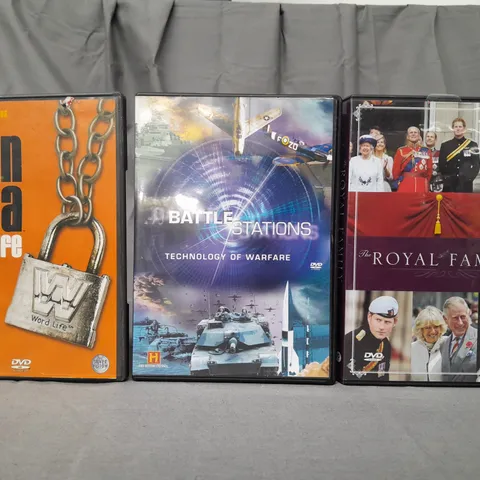 BOX OF APPROXIMATELY 15 ASSORTED DVDS TO INCLUDE JOHN CENA WORD LIFE, BATTLE STATIONS, THE ROYAL FAMILY, ETC