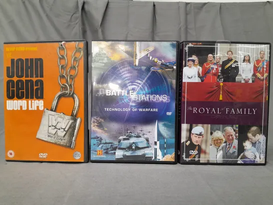 BOX OF APPROXIMATELY 15 ASSORTED DVDS TO INCLUDE JOHN CENA WORD LIFE, BATTLE STATIONS, THE ROYAL FAMILY, ETC