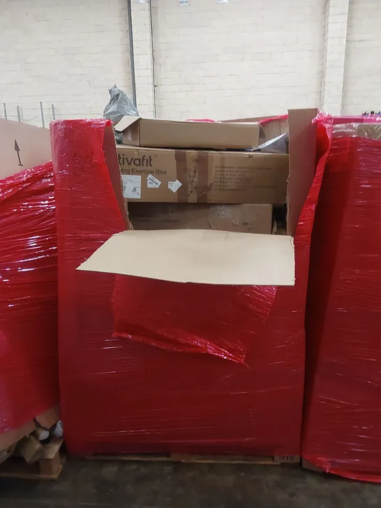 PALLET OF ASSORTED HOUSEHOLD ITEMS AND CONSUMER PRODUCTS TO INCLUDE; LAPTOP TRAY, EXERCISE BIKE, OFFICE CHAIR ETC