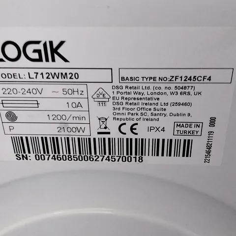 LOGIK L712WM20 WASHING MACHINE