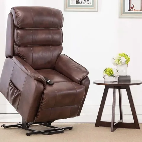 BOXED DESIGNER BUCKINGHAM BROWN FAUX LEATHER POWER RISE & RECLINING EASY CHAIR (2 BOXES)