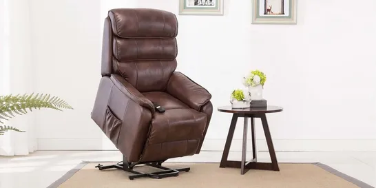 BOXED DESIGNER BUCKINGHAM BROWN FAUX LEATHER POWER RISE & RECLINING EASY CHAIR (2 BOXES)