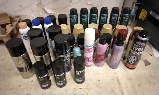 2 TOTES OF ASSORTED AEROSOLS INCLUDING DEODORANT, DRY SHAMPOO, TYRE REPAIR, DENSIFYING MOUSSE, AIR FRESHENER AND COLOGNE 