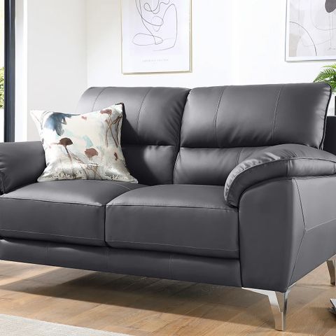 BOXED DESIGNER MADRID GREY LEATHER 2 SEATER SOFA (1 BOX, COMPLETE)