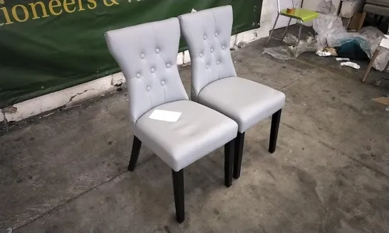 PAIR OF KENSINGTON LIGHT GREY LEATHER BUTTON BACK DINING CHAIRS WITH BLACK LEGS