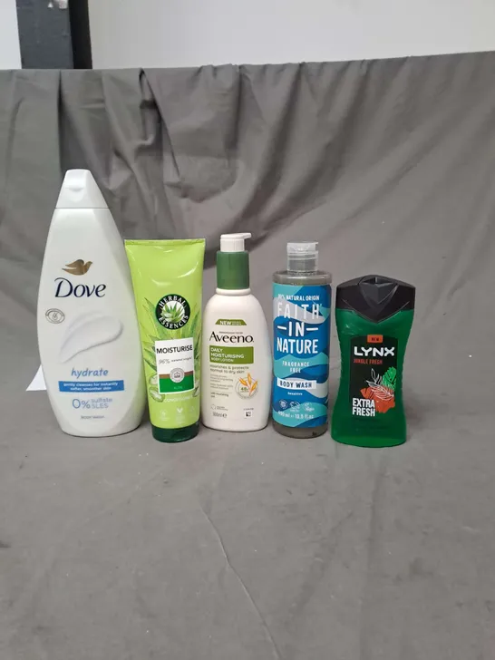 APPROXIMATELY 20 ASSORTED COSMETIC PRODUCTS TO INCLUDE DOVE BODY WASH, LYNX SHOWER GEL AND AVEENO BODY LOTION ETC. 