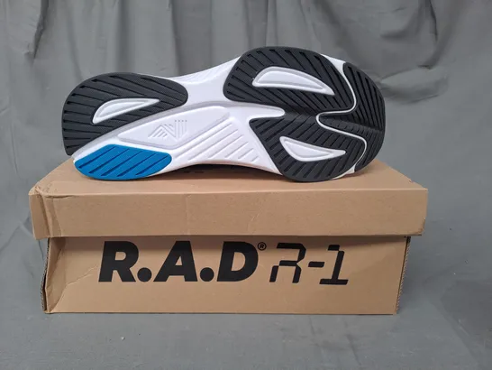 BOXED PAIR OF R.A.D R-1 TRAINERS IN WHITE/METALLIC SILVER UK SIZE 9