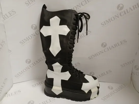 KOI VEGAN PLANTIR PLATFORM LACE UP BOOT WITH PAINTED CROSS DETAIL - SIZE 3