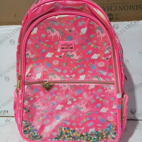 SMIGGLE BACKBAG WITH EXTENDABLE HANDLE AND WHEELS IN PINK WITH RAINBOW UNICORN/TREAT DESIGN