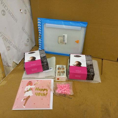 BOX OF ASSORTED ITEMS TO INCLUDE IPAD CASE, CHOCOLATES AND BIRTHDAY CARD