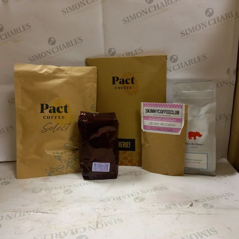 LOT OF 5 ASSORTED COFFEE PACKS TO INCLUDE PACT COFFEE , SKINNYCOFFEECLUB , KISS THE HIPPO ECT 