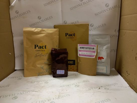 LOT OF 5 ASSORTED COFFEE PACKS TO INCLUDE PACT COFFEE , SKINNYCOFFEECLUB , KISS THE HIPPO ECT 
