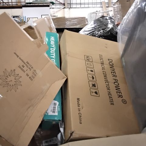 PALLET OF ASSORTED ITEMS INCLUDING VIVE GEL SEAT CUSHION, HOSE PIPE, HEAVY DUTY GROUND SPIKE, SUN THERMOMETER DECOR, DONYER POWER ELECTRICAL CONVECTOR HEATER