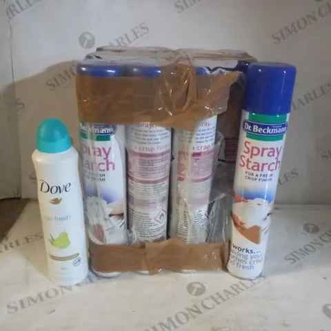 BOX OF APPROX 5 AEROSOLS INCLUDING DR BECKMANN SPRAY STARTCH AND DOVE PEAR AND ALOE VERA DEODORANT - COLLECTION ONLY