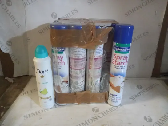 BOX OF APPROX 5 AEROSOLS INCLUDING DR BECKMANN SPRAY STARTCH AND DOVE PEAR AND ALOE VERA DEODORANT - COLLECTION ONLY