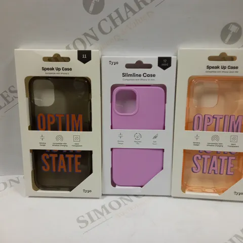 BOX OF APPROXIMATELY 53 TYPO PHONES CASES ('SLIMLINE CASE' & 'SPEAK UP CASE') FOR IPHONE 11, 12 MINI, 12/12PRO IN VARYING COLOURS