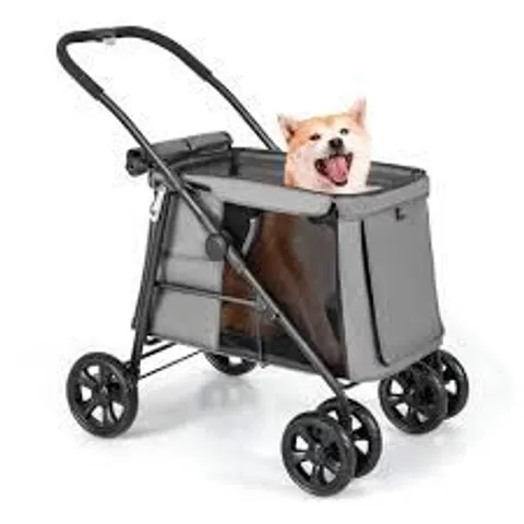 BOXED COSTWAY FOLDING PET STROLLER FOR SMALL AND MEDIUM PETS WITH BREATHABLE MESH ANDX ONE-BUTTON FOLDABLE - GREY