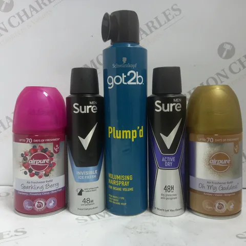 BOX OF APPROX 15 ASSORTED AEROSOLS TO INCLUDE SCHWARZKOPF HAIRSPRAY, SURE MEN DEODORANT, AIR PURE AIR FRESHENER REFILL, ETC 