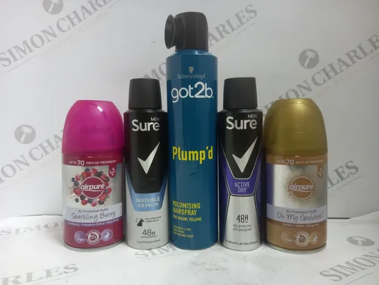 BOX OF APPROX 15 ASSORTED AEROSOLS TO INCLUDE SCHWARZKOPF HAIRSPRAY, SURE MEN DEODORANT, AIR PURE AIR FRESHENER REFILL, ETC 