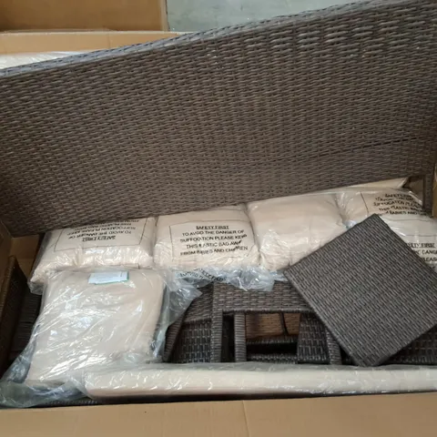 BOX OF RATTAN EFFECT OUTDOOR FURNITURE PARTS AND CUSHIONS