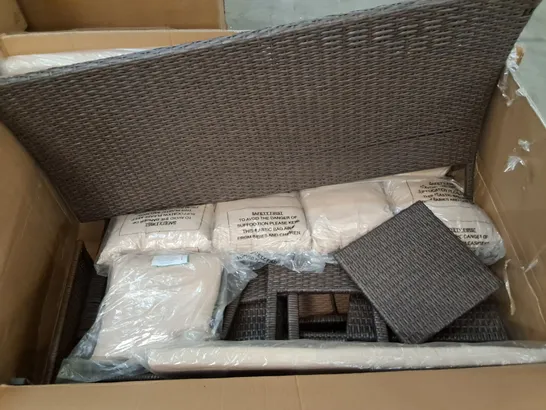 BOX OF RATTAN EFFECT OUTDOOR FURNITURE PARTS AND CUSHIONS