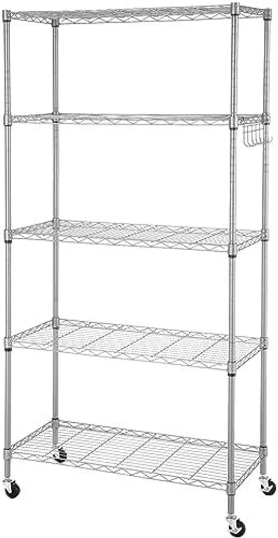 BRAND NEW BOXED BATHWA 5 TIER METAL WIRE SHELVING UNIT ON WHEELS,CHROME SHELVES FOR GARAGE KITCHEN LIVING ROOM,HEAVY DUTY SHELVING RACK, 23.2 X 13.8 X 72 INCH (L X W X H) (1 BOX)