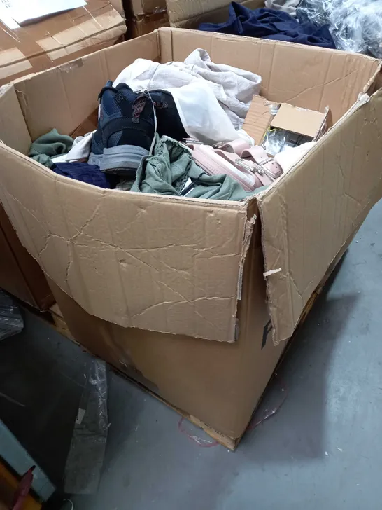 LARGE BOX TO CONTAIN AN ASSORTMENT OF MIXED CLOTHING. INCLUDES CLOTHING, SHOES, BAGS ETC - COLLECTION ONLY 