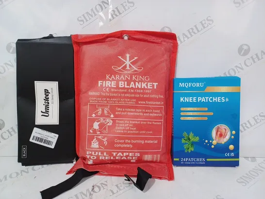 BOX OF APPROXIMATELY 15 ASSORTED HOUSEHOLD ITEMS TO INCLUDE MQFORU KNEE PATCHES, KARAN KING FIRE BLANKET, UMISLEEP 3D SLEEP MASK, ETC