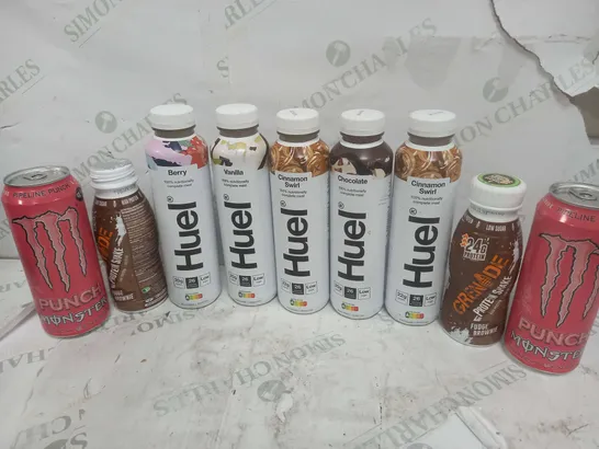 APPROXIMATELY 9 DRINKS TO INCLUDE MONSTER PIPELINE PUNCH (500ml), HUEL CINNAMON SWIRL (500ml), GRENADE FUDGE BROWNIE SHAKE (330ml)