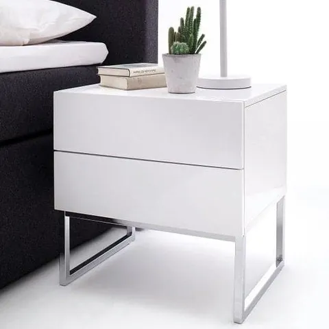 BOXED STRADA BEDSIDE CABINET IN WHITE HIGH GLOSS WITH 2 DRAWERS (1 BOX)