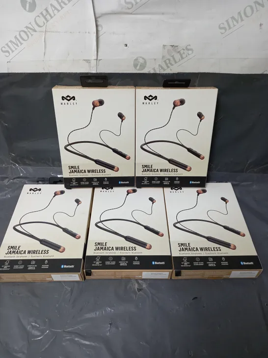 5 X BOXED MARLEY SMILE JAMAICA WIRELESS BLUETOOTH EARPHONES IN BLACK 