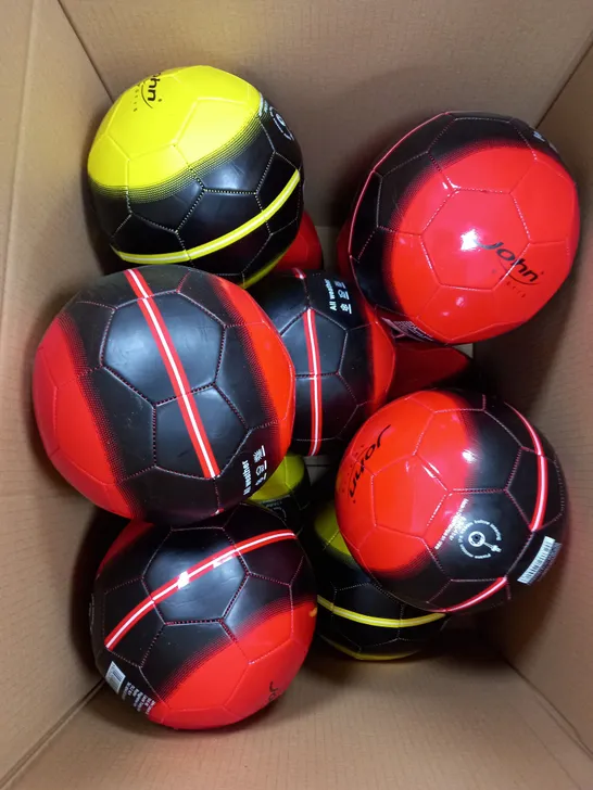 BOX OF APPROX 10 JOHN SPORTS ALL WEATHER FOOTBALLS IN ASSORTED COLOURS TO INCLUDE YELLOW AND RED