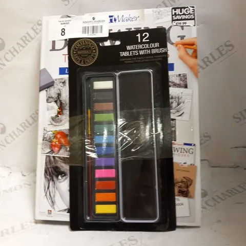 COLVIN AND CO 12 WATER COLOUR TABLETS WITH BRUSH AND ART MAKER DRAWING TECHNIQUES SET