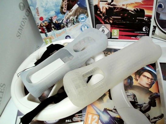 LOT OF APPROX 10 WII RELATED ITEMS TO INCLUDE : 6 WII GAMES, 2 CONTROLLER COVERS, STEERING WHEELS FOR CONTROLLERS
