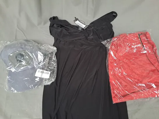 BOX OF APPROXIMATELY 20 ASSORTED CLOTHING & FASHION ITEMS IN VARIOUS STYLES AND SIZES TO INCLUDE BOOHOO, BIGDUDE, ETC