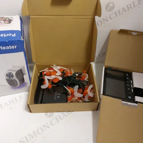 BOX OF APPROX 8 ITEMS TO INCLUDE PORTABLE HEATER. SCOTTISH POWER SMART METER AND FAIRY LIGHTS