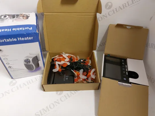 BOX OF APPROX 8 ITEMS TO INCLUDE PORTABLE HEATER. SCOTTISH POWER SMART METER AND FAIRY LIGHTS