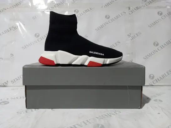 BOXED PAIR OF BALENCIAGA SHOES IN BLACK/WHITE/RED EU SIZE 36