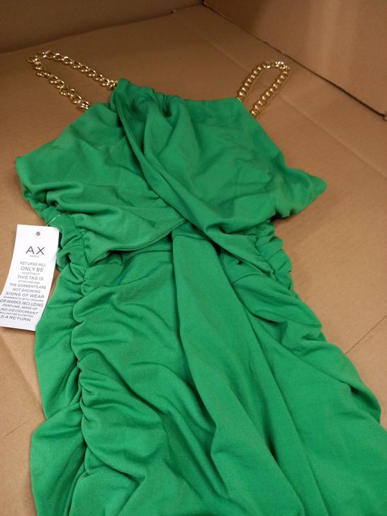 AX PARIS GREEN/CHAIN STRAP DETAILED FORM FITTING STATEMENT DRESS - SIZE 14