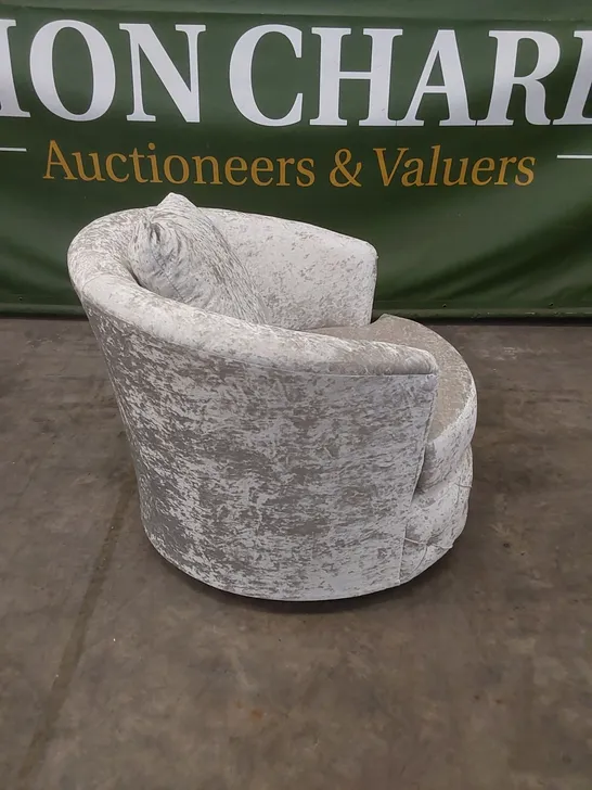 QUALITY DESIGNER CRUSHED VELVET 360° SWIVEL CUDDLE CHAIR - SILVER